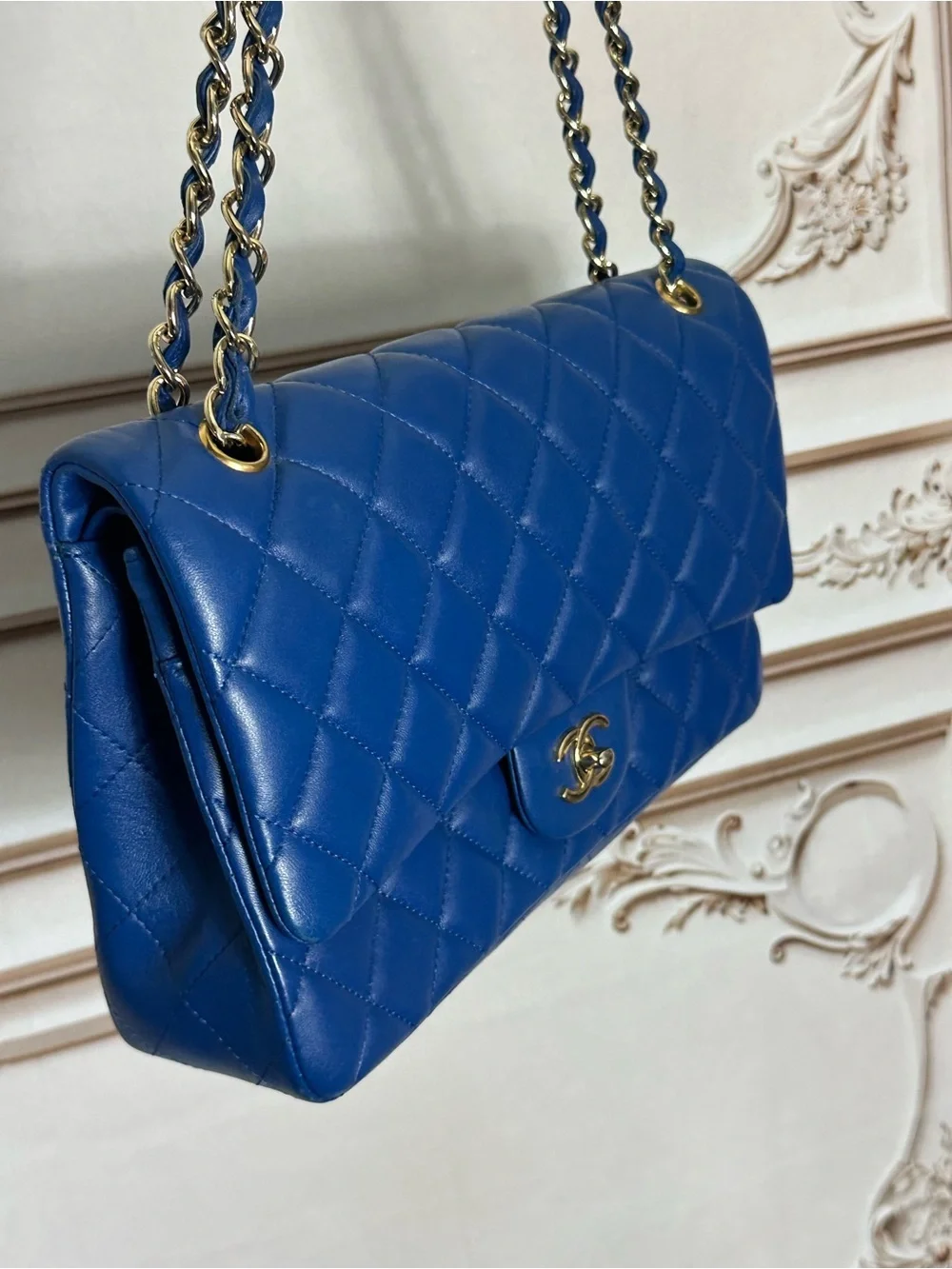 CHANEL Quilted Double Flap Shoulder Bag in Royal Blue with Gold Hardware